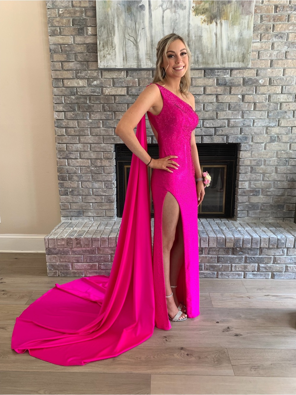 Sherri Hill Hot Pink Jeweled Evening Dress w removable chiffon swag. Size 0.